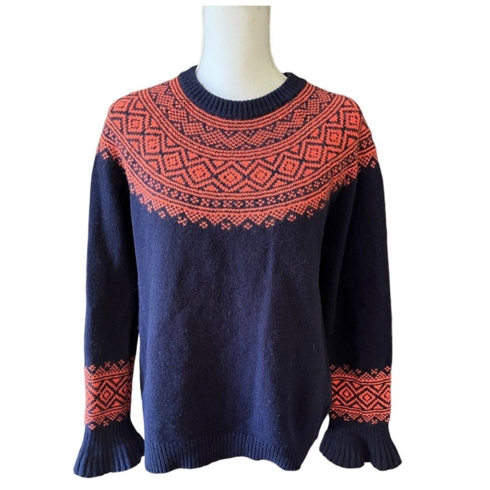 J. Crew Navy Blue Fair Isle Merino Wool Blend Ruffle Sleeve Knit Sweater Sz Med